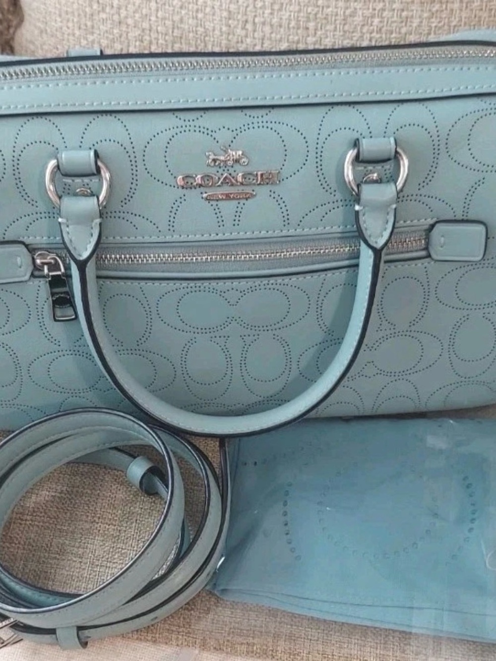 Coach Rowan Sky Blue Perforated Leather Bag with Scarf Accent - Picture 10 of 16
